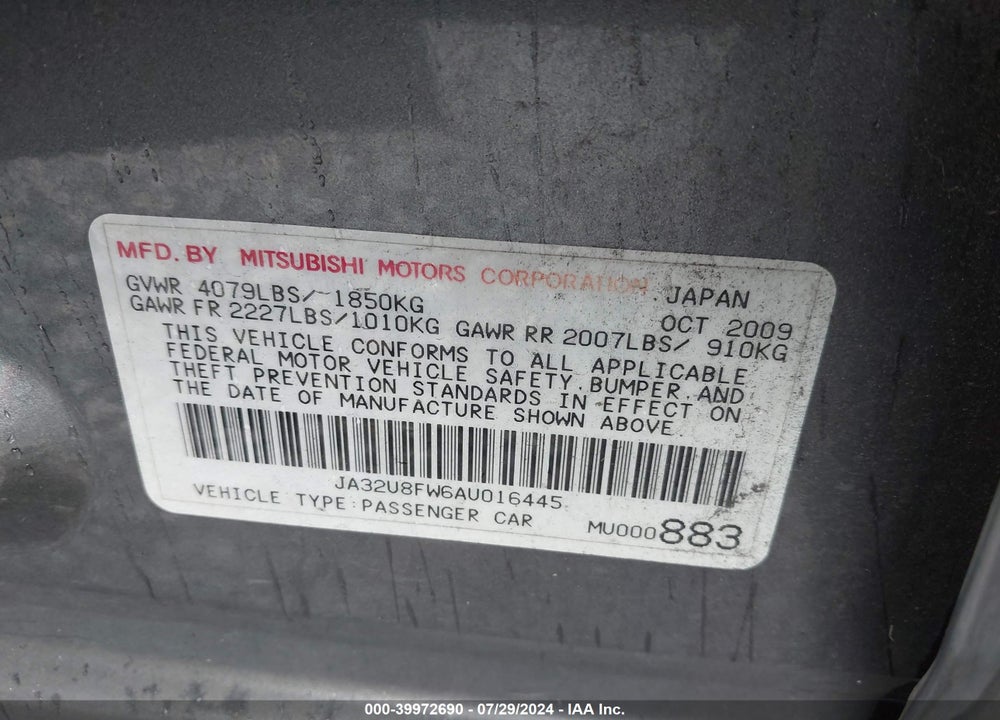 2010 MITSUBISHI LANCER GTS VIN: JA32U8FW6AU016445