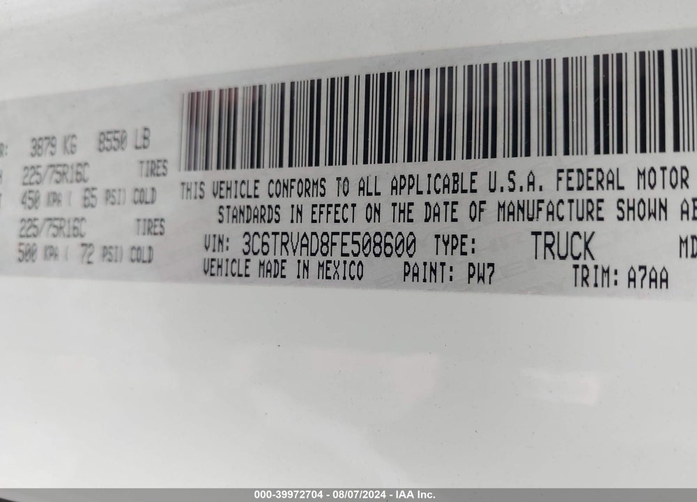 2015 RAM PROMASTER 1500 LOW ROOF VIN: 3C6TRVAD8FE508600