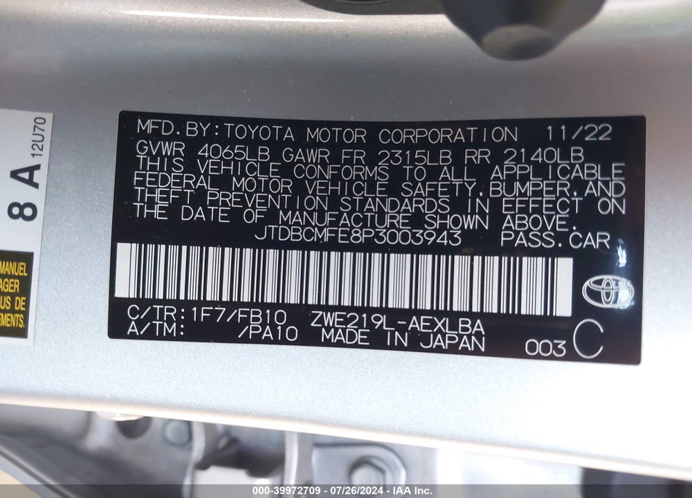 2023 TOYOTA COROLLA HYBRID LE VIN: JTDBCMFE8P3003943