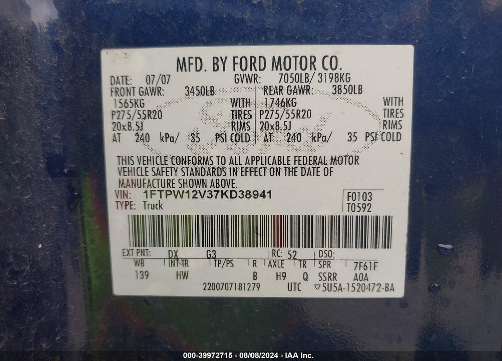 2007 FORD F-150 LARIAT/XLT VIN: 1FTPW12V37KD38941