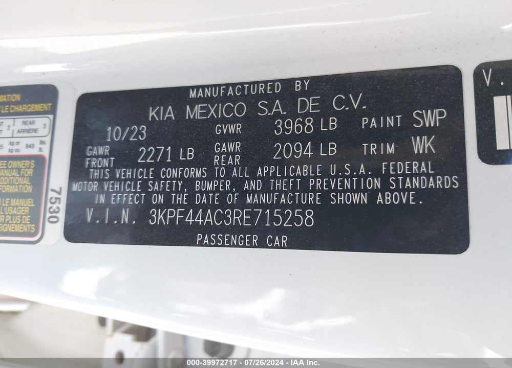 2024 KIA FORTE GT VIN: 3KPF44AC3RE715258
