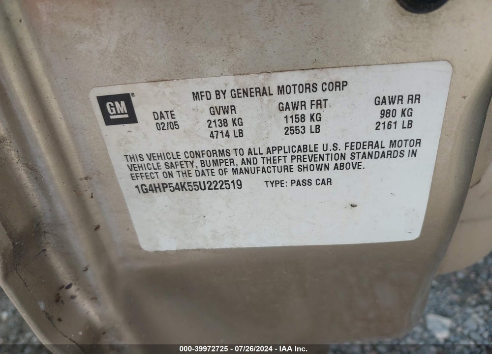 2005 BUICK LESABRE CUSTOM VIN: 1G4HP54K55U222519