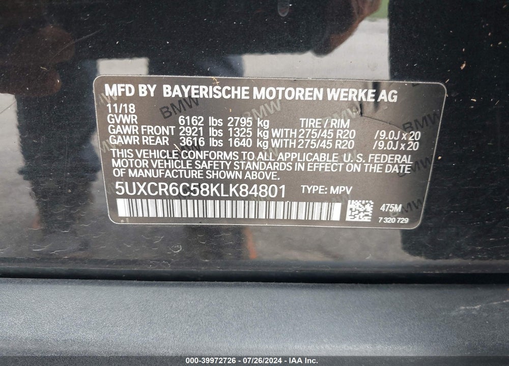 2019 BMW X5 XDRIVE40I VIN: 5UXCR6C58KLK84801
