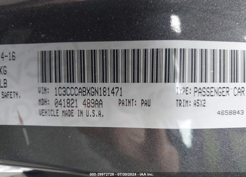 2016 CHRYSLER 200 LIMITED VIN: 1C3CCCABXGN181471