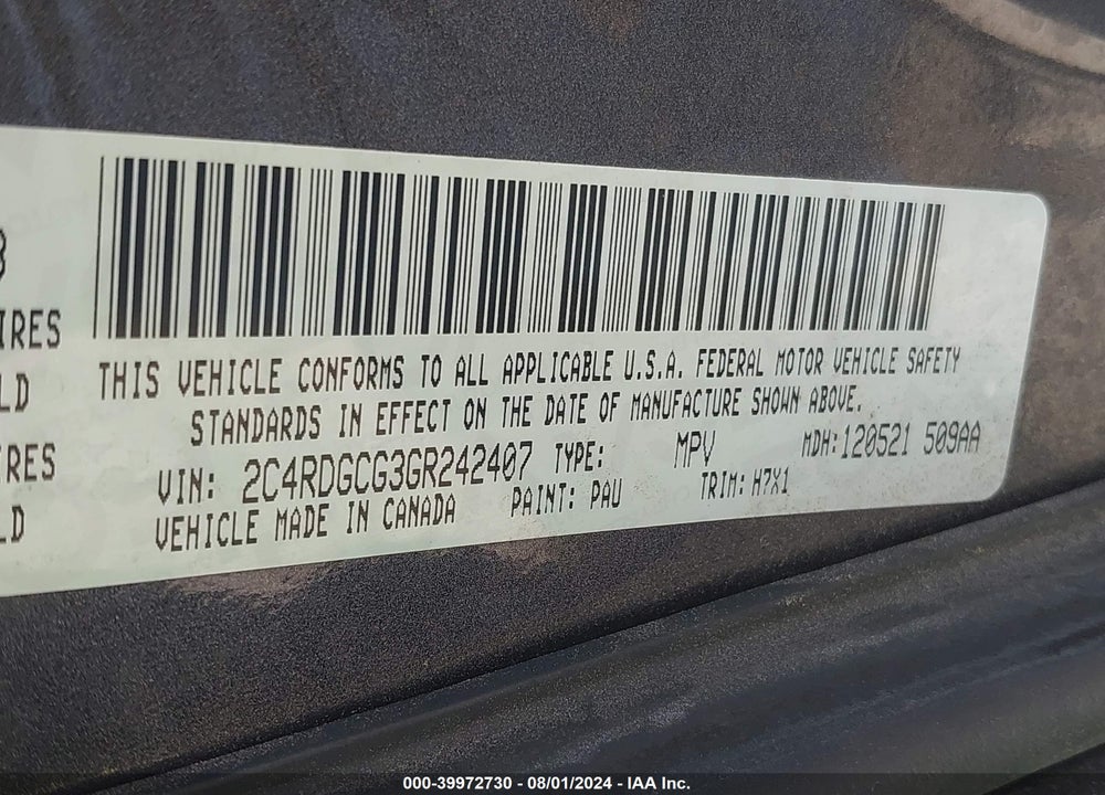 2016 DODGE GRAND CARAVAN SXT VIN: 2C4RDGCG3GR242407