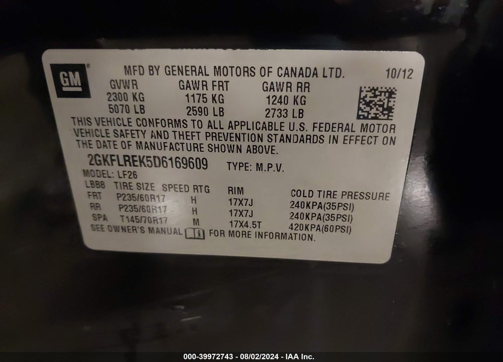 2013 GMC TERRAIN SLE-1 VIN: 2GKFLREK5D6169609