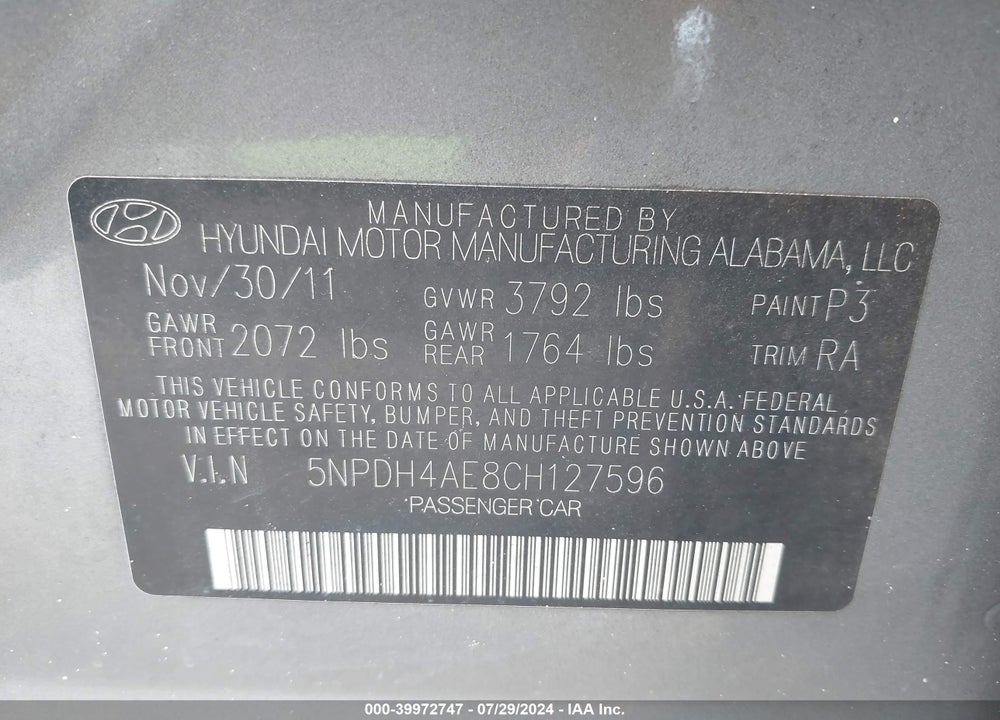 2012 HYUNDAI ELANTRA LIMITED VIN: 5NPDH4AE8CH127596