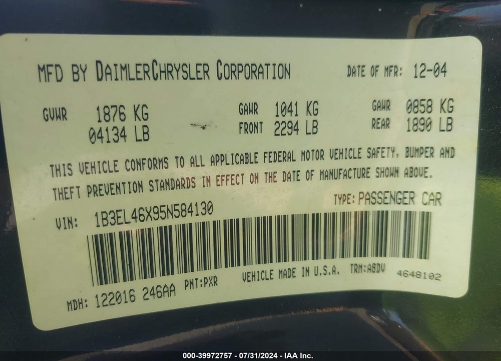 2005 DODGE STRATUS SXT VIN: 1B3EL46X95N584130