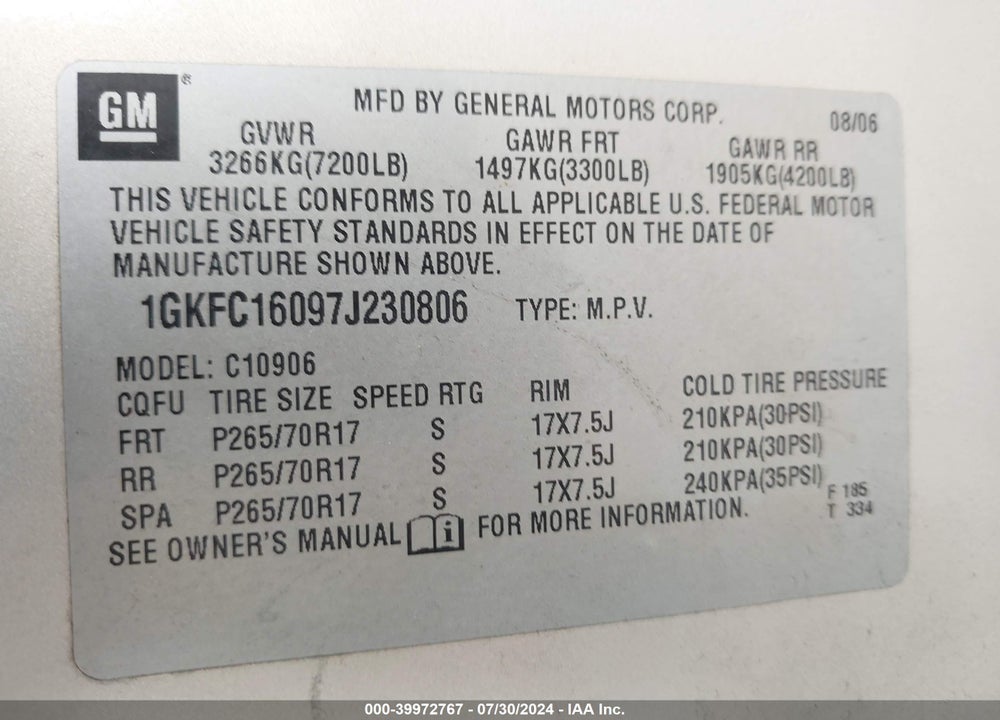 2007 GMC YUKON XL 1500 SLE VIN: 1GKFC16097J230806