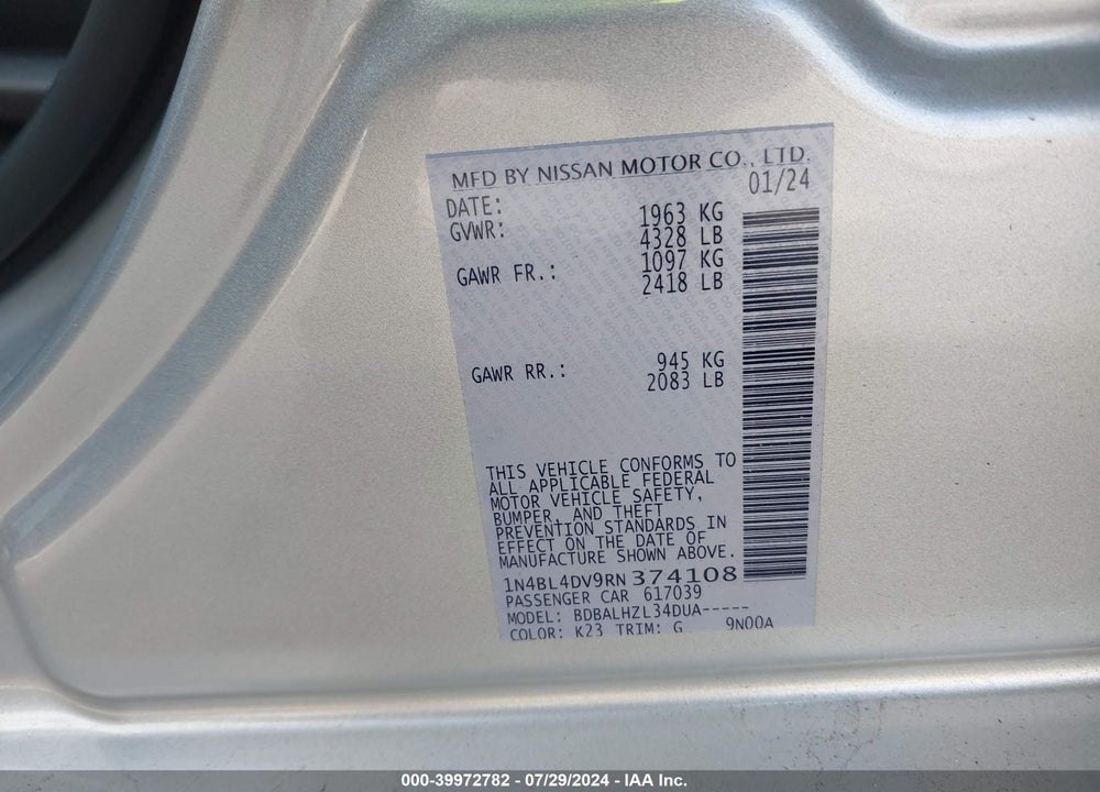 2024 NISSAN ALTIMA SV FWD VIN: 1N4BL4DV9RN374108