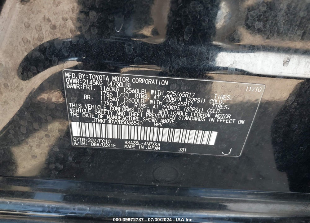 2011 TOYOTA RAV4 VIN: JTMKF4DV9B5036540