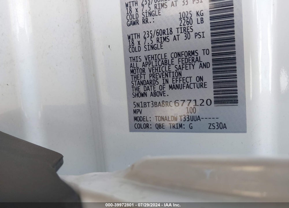 2024 NISSAN ROGUE SV FWD VIN: 5N1BT3BA8RC677120