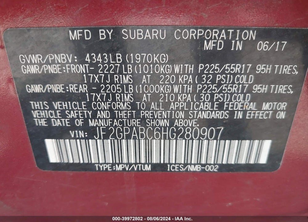 2017 SUBARU CROSSTREK 2.0I PREMIUM VIN: JF2GPABC6HG280907