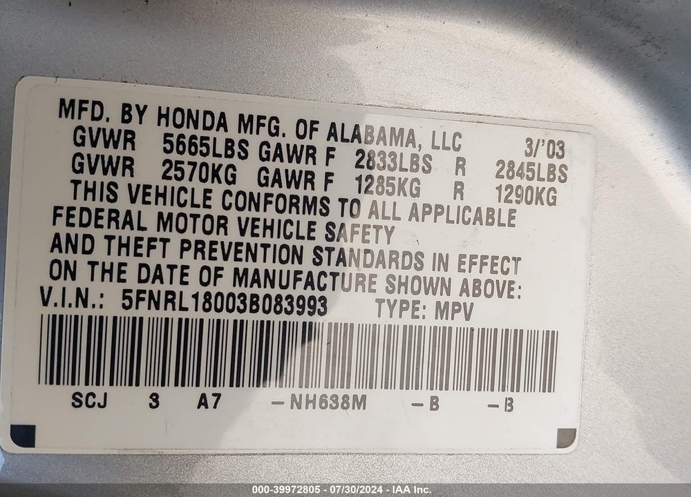 2003 HONDA ODYSSEY EX-L VIN: 5FNRL18003B083993