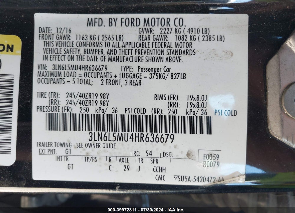 2017 LINCOLN MKZ HYBRID RESERVE VIN: 3LN6L5MU4HR636679