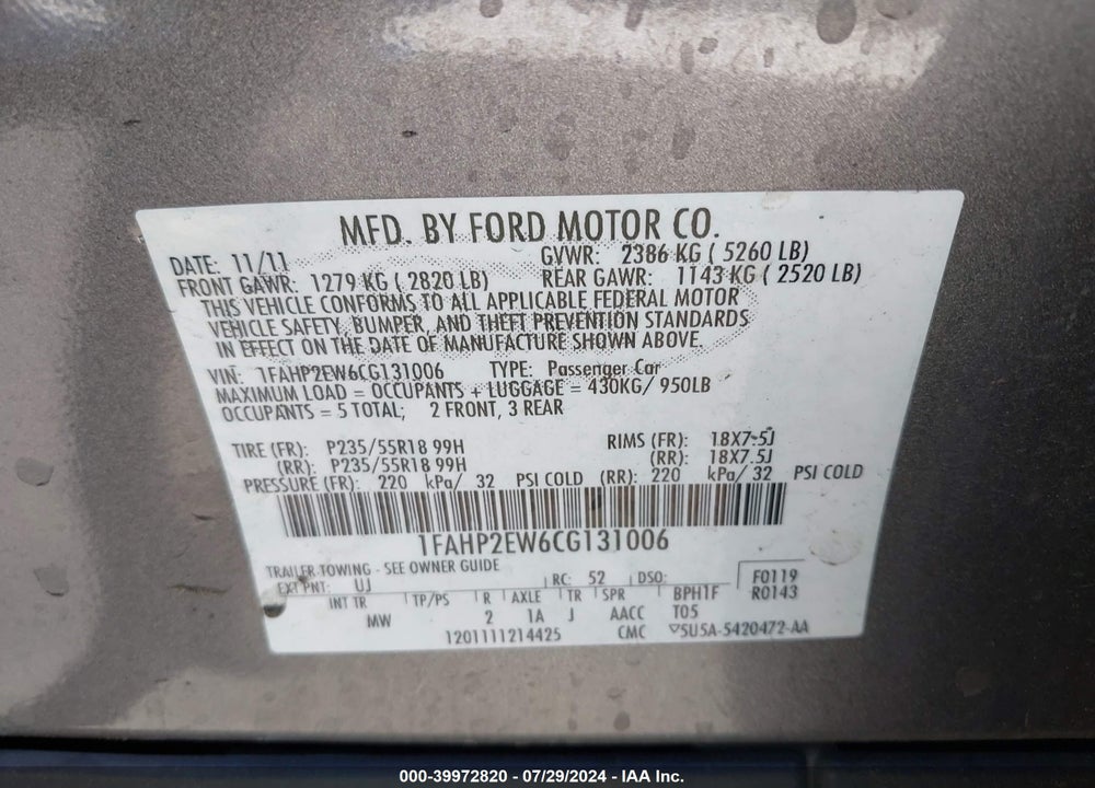 2012 FORD TAURUS SEL VIN: 1FAHP2EW6CG131006