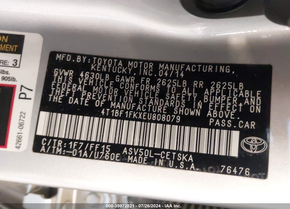 2014 TOYOTA CAMRY SE VIN: 4T1BF1FKXEU808079
