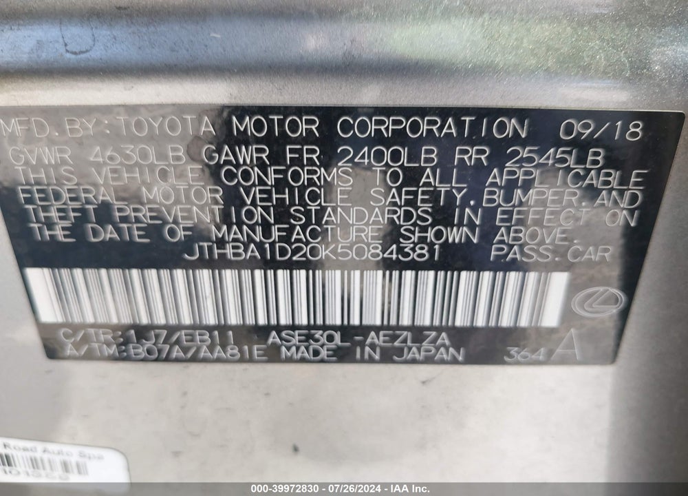 2019 LEXUS IS 300 VIN: JTHBA1D20K5084381