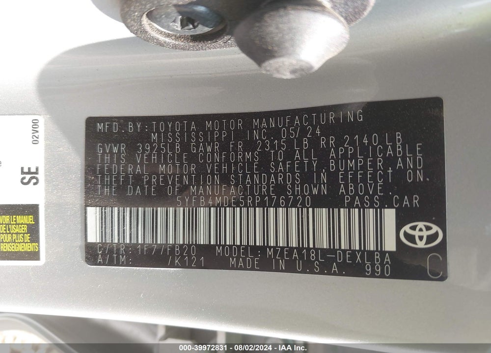 2024 TOYOTA COROLLA LE VIN: 5YFB4MDE5RP176720