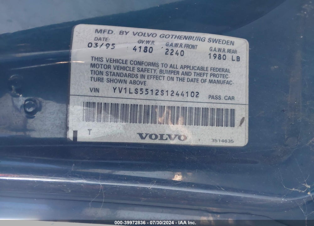 1995 VOLVO 850 GLT VIN: YV1LS5512S1244102