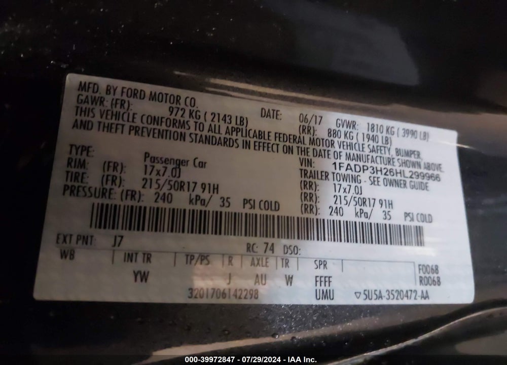 2017 FORD FOCUS VIN: 1FADP3H26HL299966