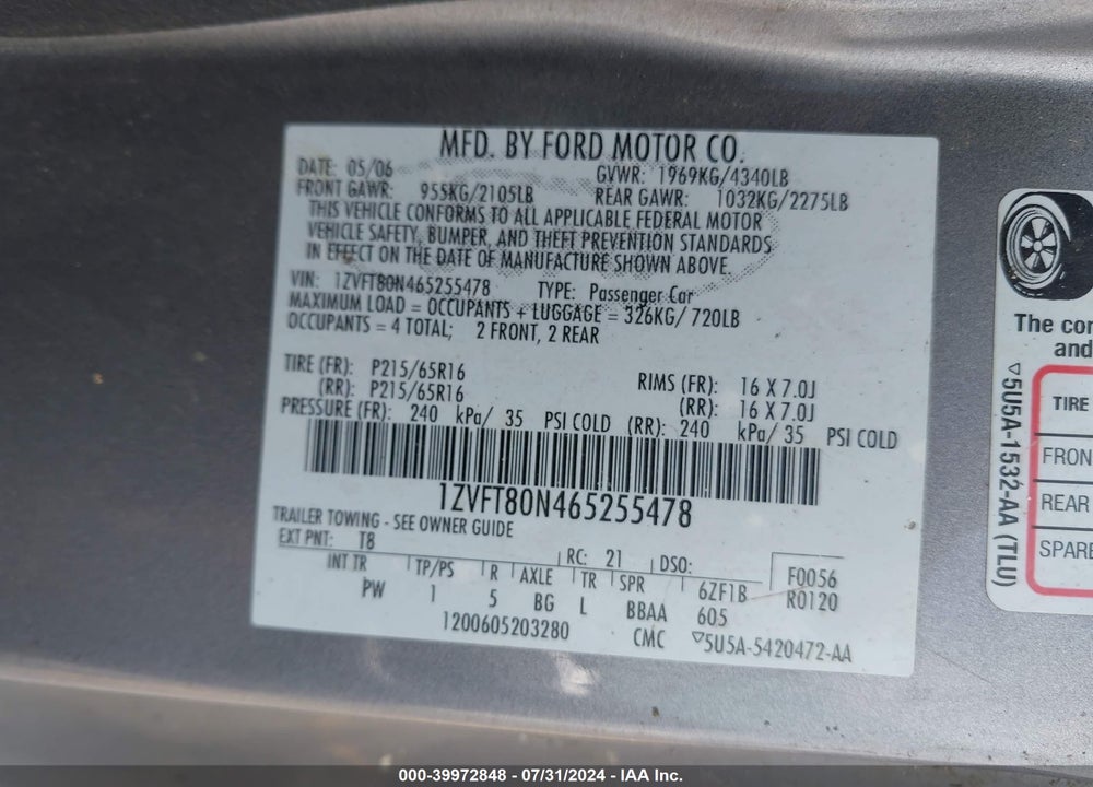 2006 FORD MUSTANG VIN: 1ZVFT80N465255478