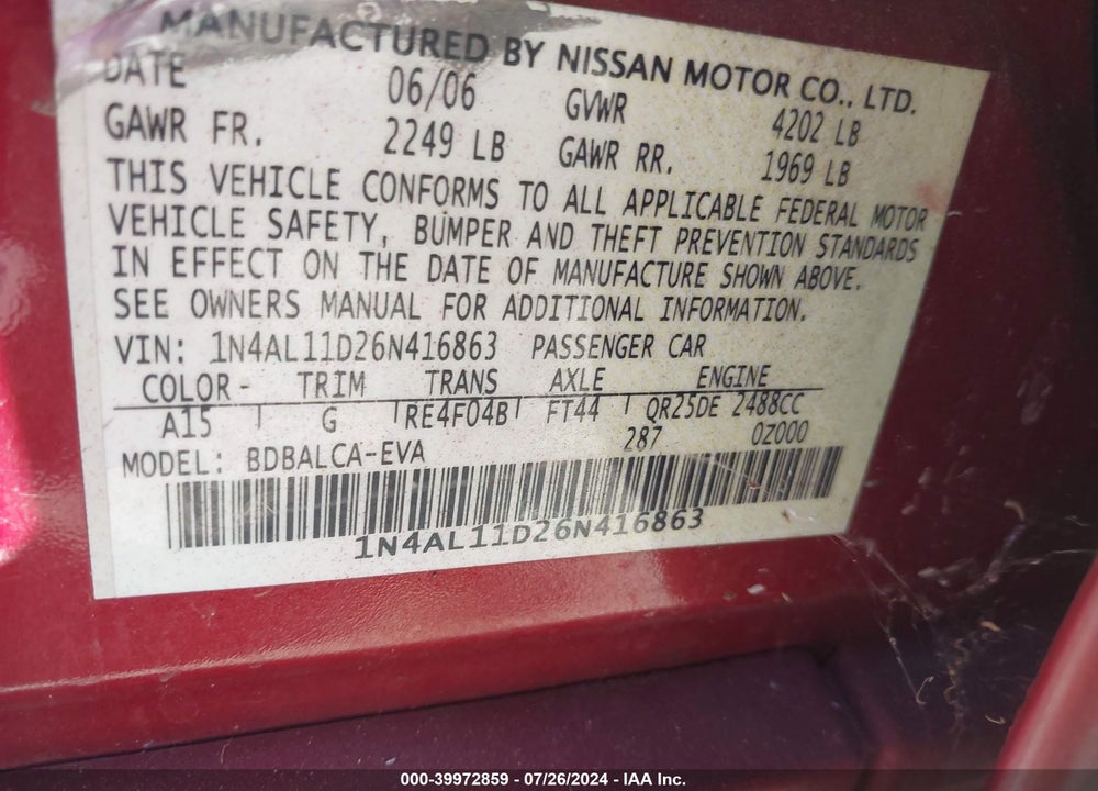 2006 NISSAN ALTIMA 2.5 S VIN: 1N4AL11D26N416863