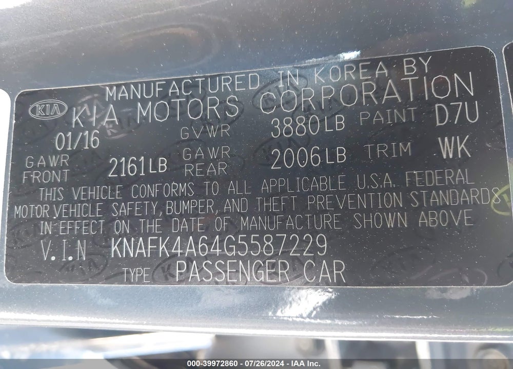 2016 KIA FORTE LX VIN: KNAFK4A64G5587229