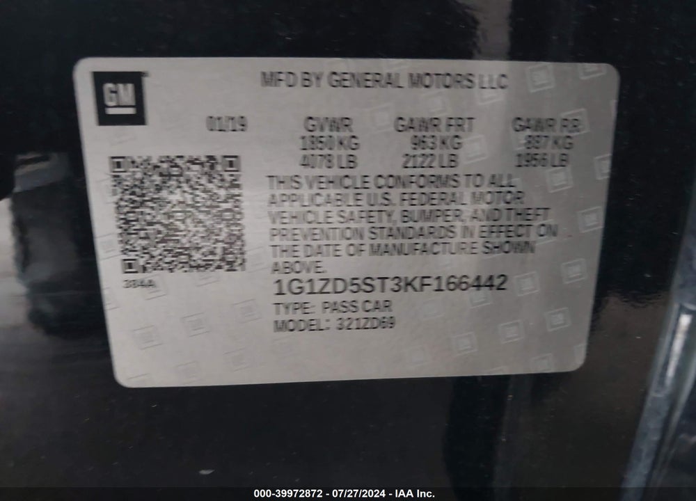 2019 CHEVROLET MALIBU LT VIN: 1G1ZD5ST3KF166442