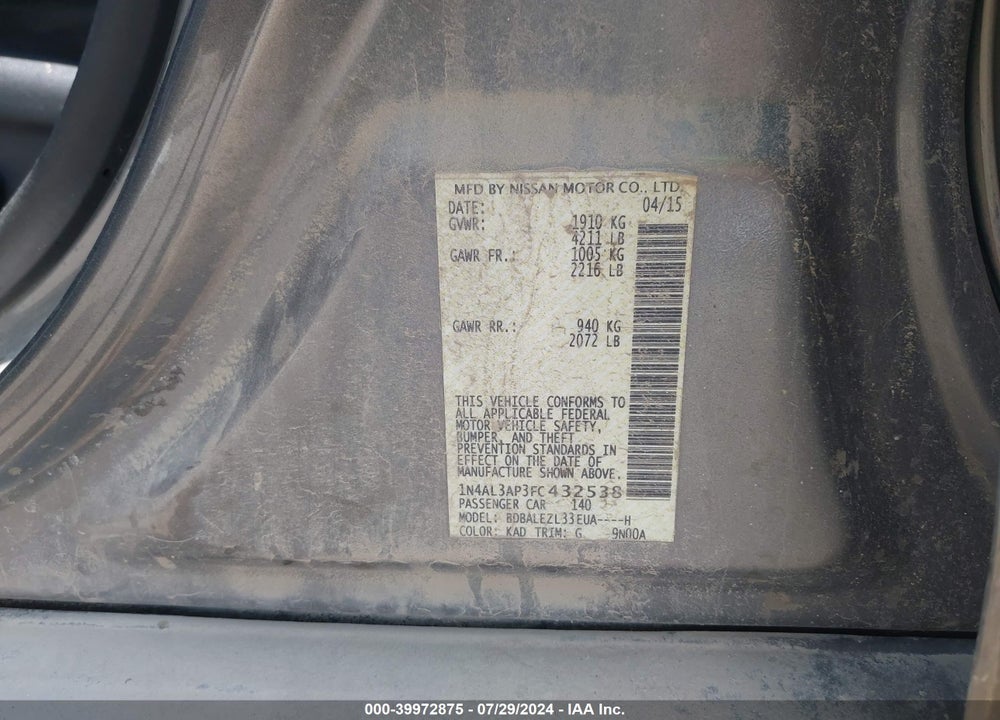 2015 NISSAN ALTIMA 2.5 S VIN: 1N4AL3AP3FC432538