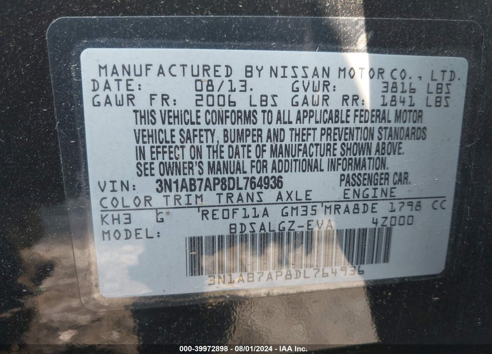 2013 NISSAN SENTRA SL VIN: 3N1AB7AP8DL764936
