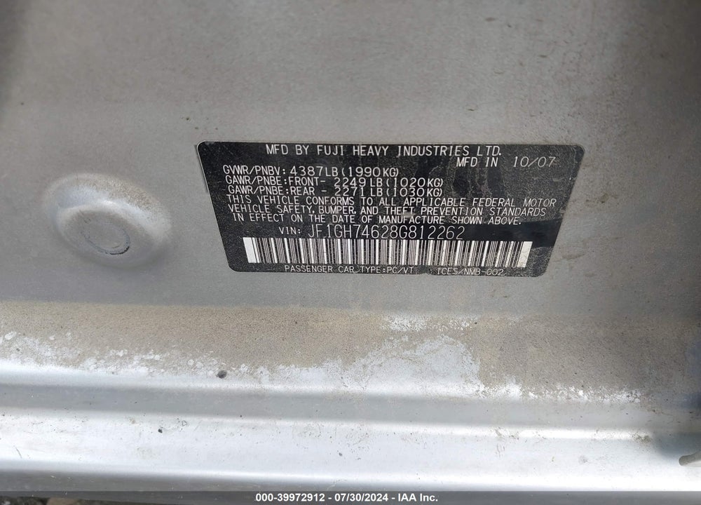2008 SUBARU IMPREZA WRX VIN: JF1GH74628G812262