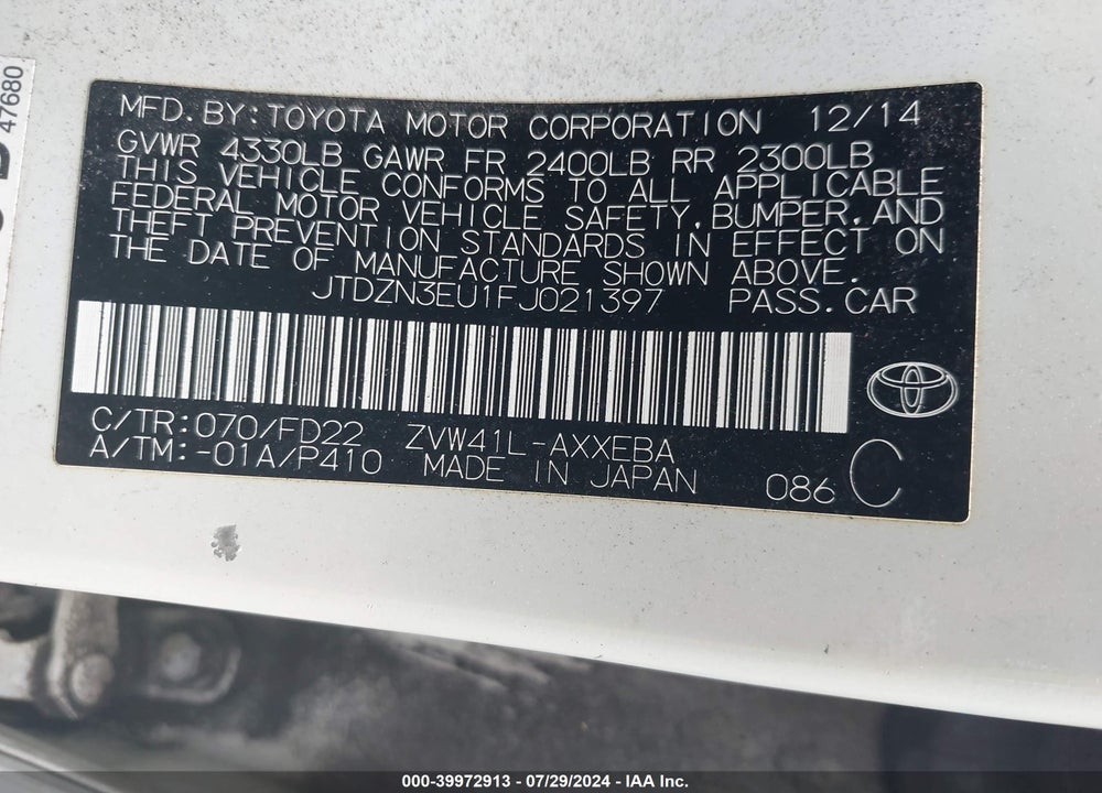2015 TOYOTA PRIUS V THREE VIN: JTDZN3EU1FJ021397