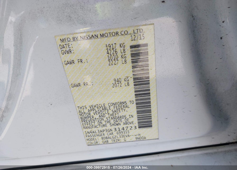 2016 NISSAN ALTIMA 2.5 S VIN: 1N4AL3AP3GN314723