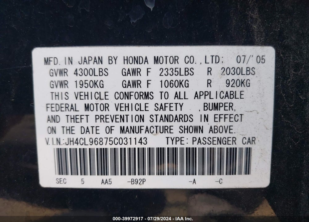 2005 ACURA TSX VIN: JH4CL96875C031143