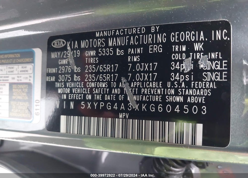 2019 KIA SORENTO 2.4L L VIN: 5XYPG4A3XKG604503