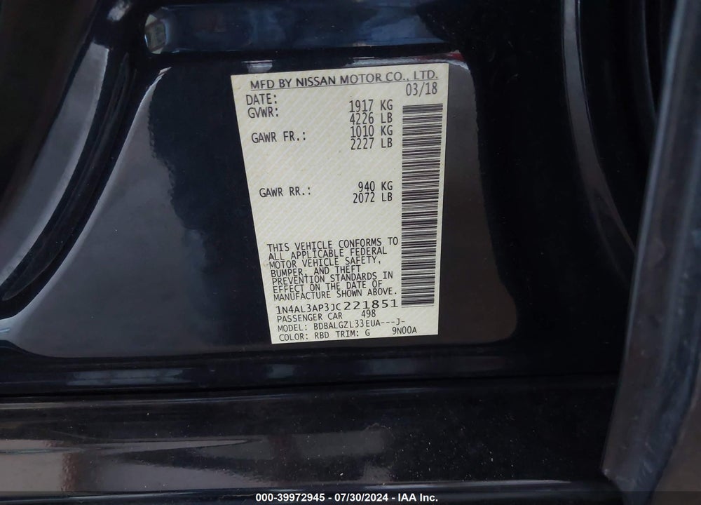 2018 NISSAN ALTIMA 2.5 S VIN: 1N4AL3AP3JC221851