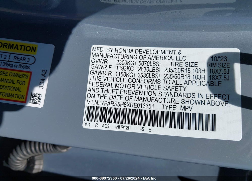 2024 HONDA CR-V HYBRID SPORT-L VIN: 7FARS5H8XRE013351