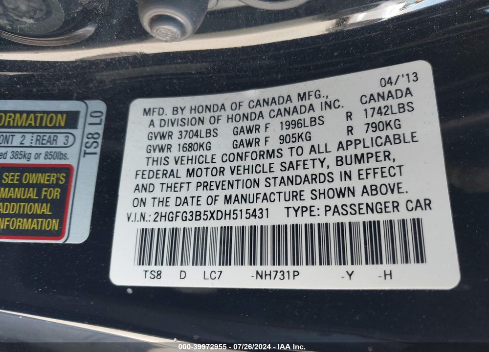 2013 HONDA CIVIC LX VIN: 2HGFG3B5XDH515431