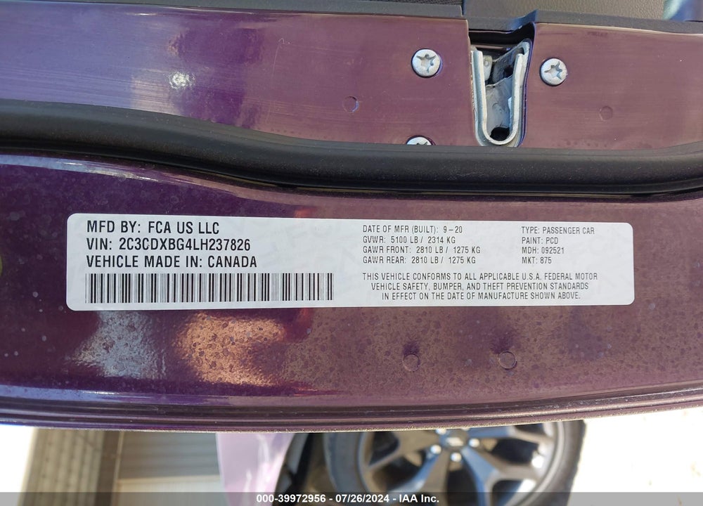 2020 DODGE CHARGER SXT RWD VIN: 2C3CDXBG4LH237826