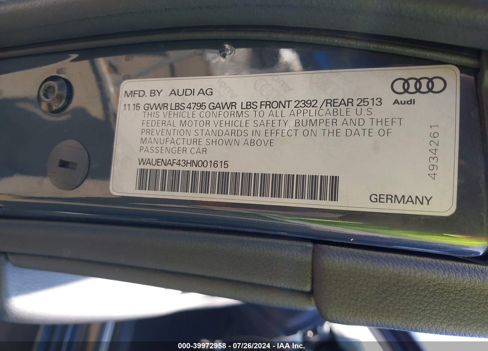 2017 AUDI A4 2.0T PREMIUM VIN: WAUENAF43HN001615