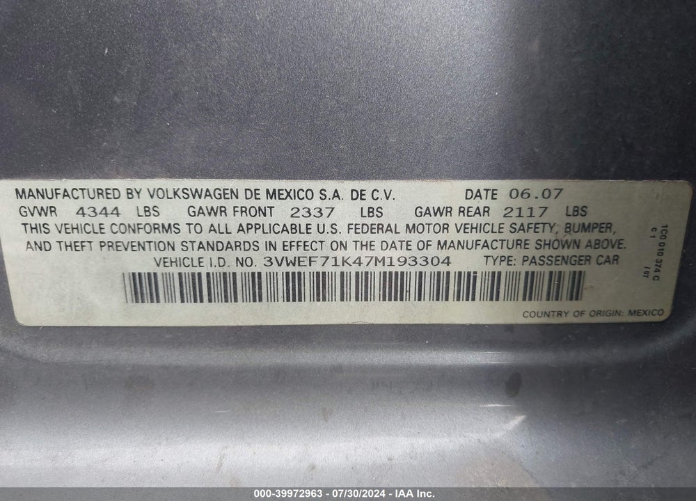 2007 VOLKSWAGEN JETTA WOLFSBURG EDITION VIN: 3VWEF71K47M193304