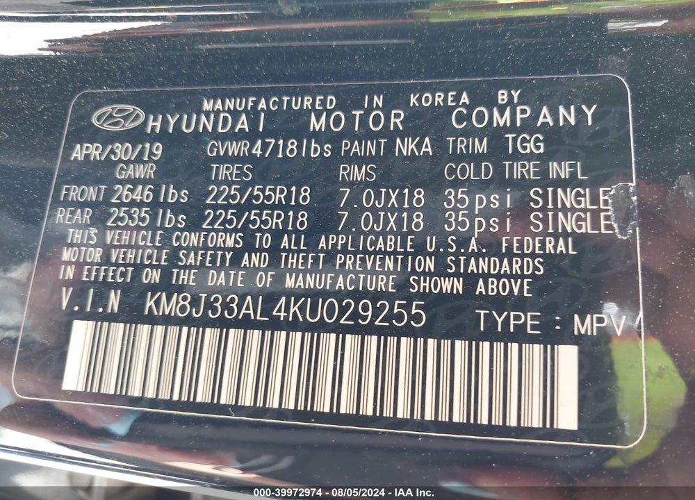 2019 HYUNDAI TUCSON SEL VIN: KM8J33AL4KU029255