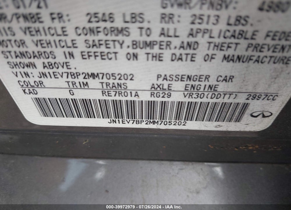 2021 INFINITI Q50 LUXE VIN: JN1EV7BP2MM705202
