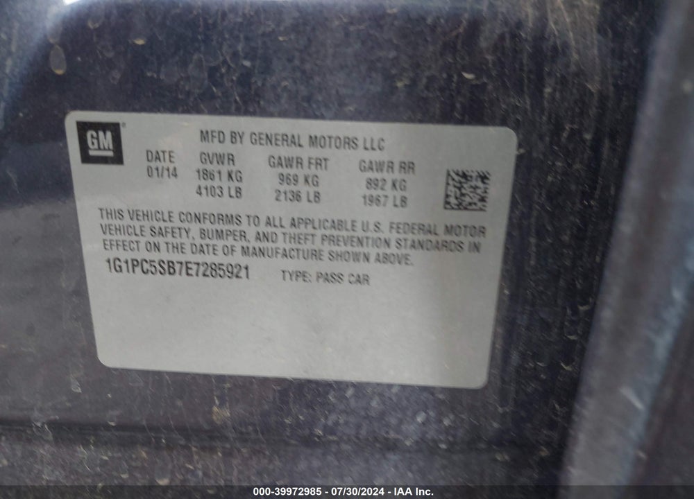 2014 CHEVROLET CRUZE 1LT AUTO VIN: 1G1PC5SB7E7285921