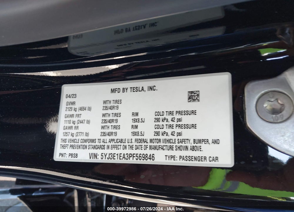 2023 TESLA MODEL 3 REAR-WHEEL DRIVE VIN: 5YJ3E1EA3PF569846