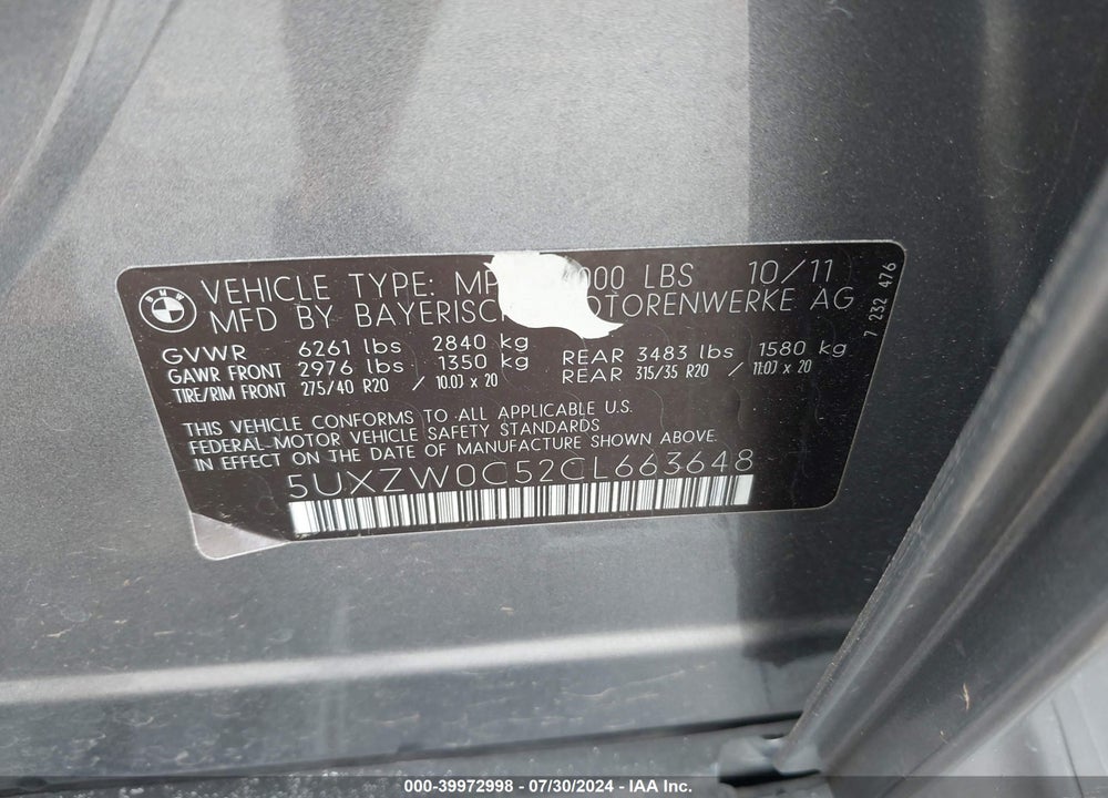2012 BMW X5 XDRIVE35D VIN: 5UXZW0C52CL663648