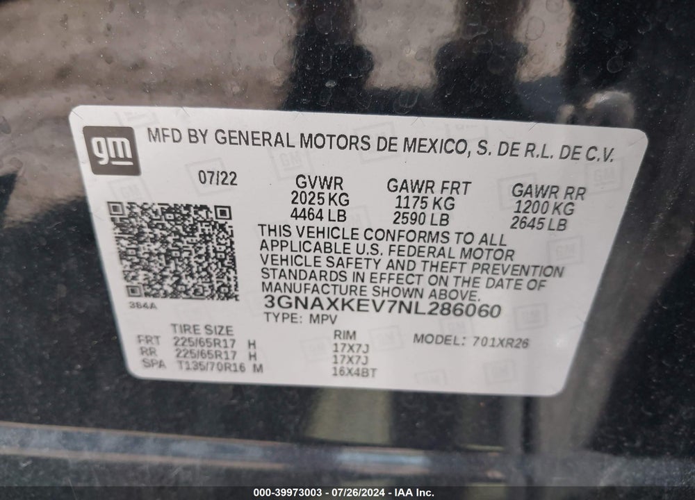 2022 CHEVROLET EQUINOX FWD LT VIN: 3GNAXKEV7NL286060