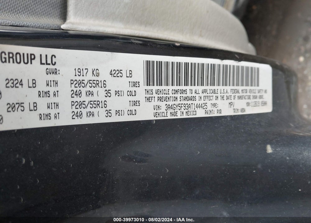2010 CHRYSLER PT CRUISER CLASSIC VIN: 3A4GY5F93AT144425