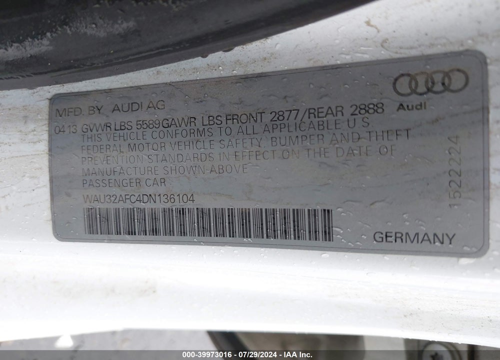 2013 AUDI S7 4.0T PRESTIGE VIN: WAU32AFC4DN136104